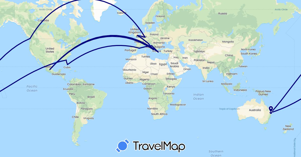 TravelMap itinerary: driving in Australia, Canada, Germany, Spain, United Kingdom, Greece, Croatia, Italy, Mexico, United States (Europe, North America, Oceania)